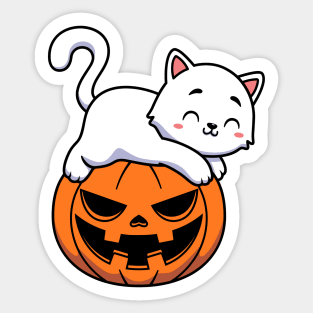 Funny Cute White Cat Laying On Pumpkin Halloween Sticker